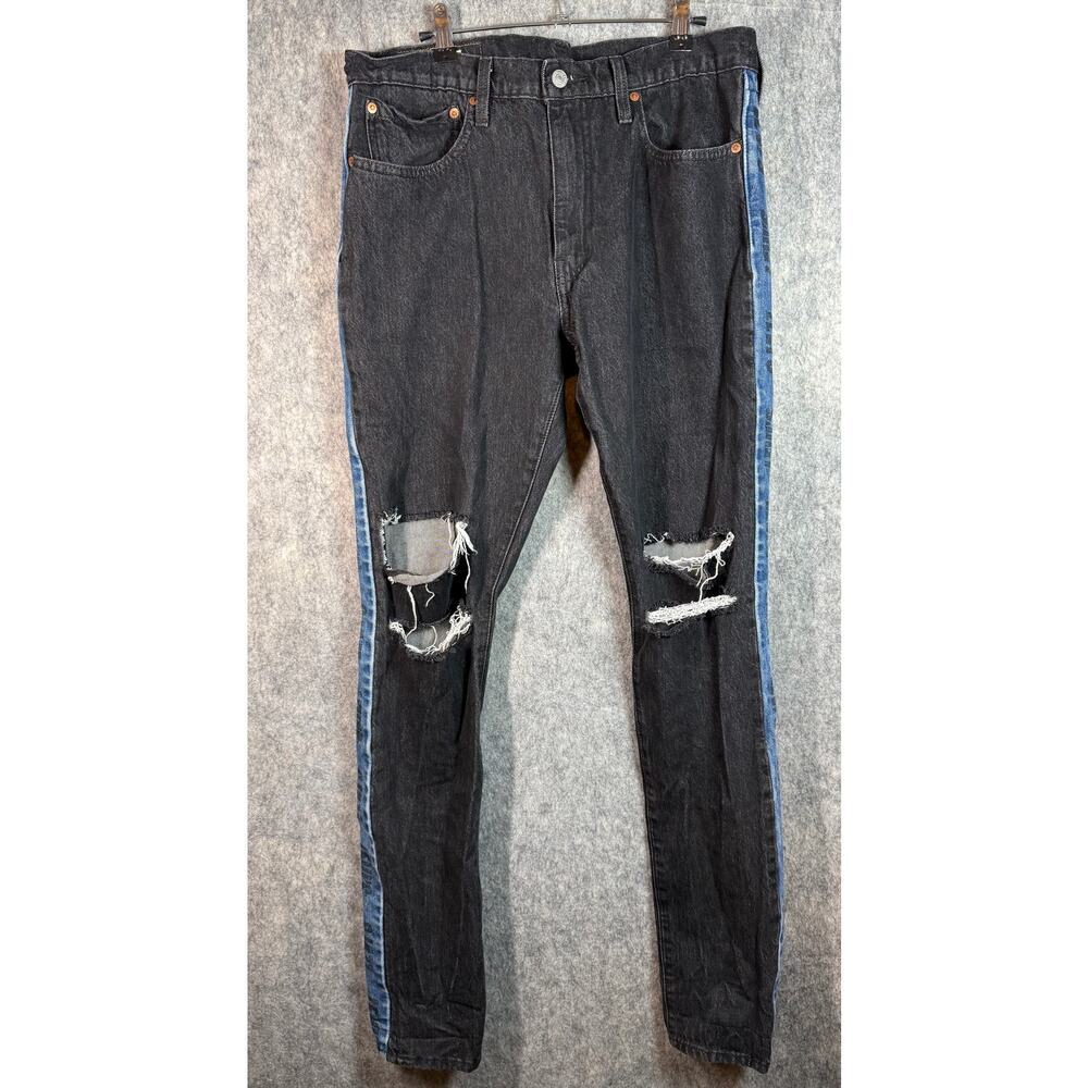 Levis Lo-Ball Jean Mens 36x34 Blue Black Distressed Slim Stretch Spellout Stripe